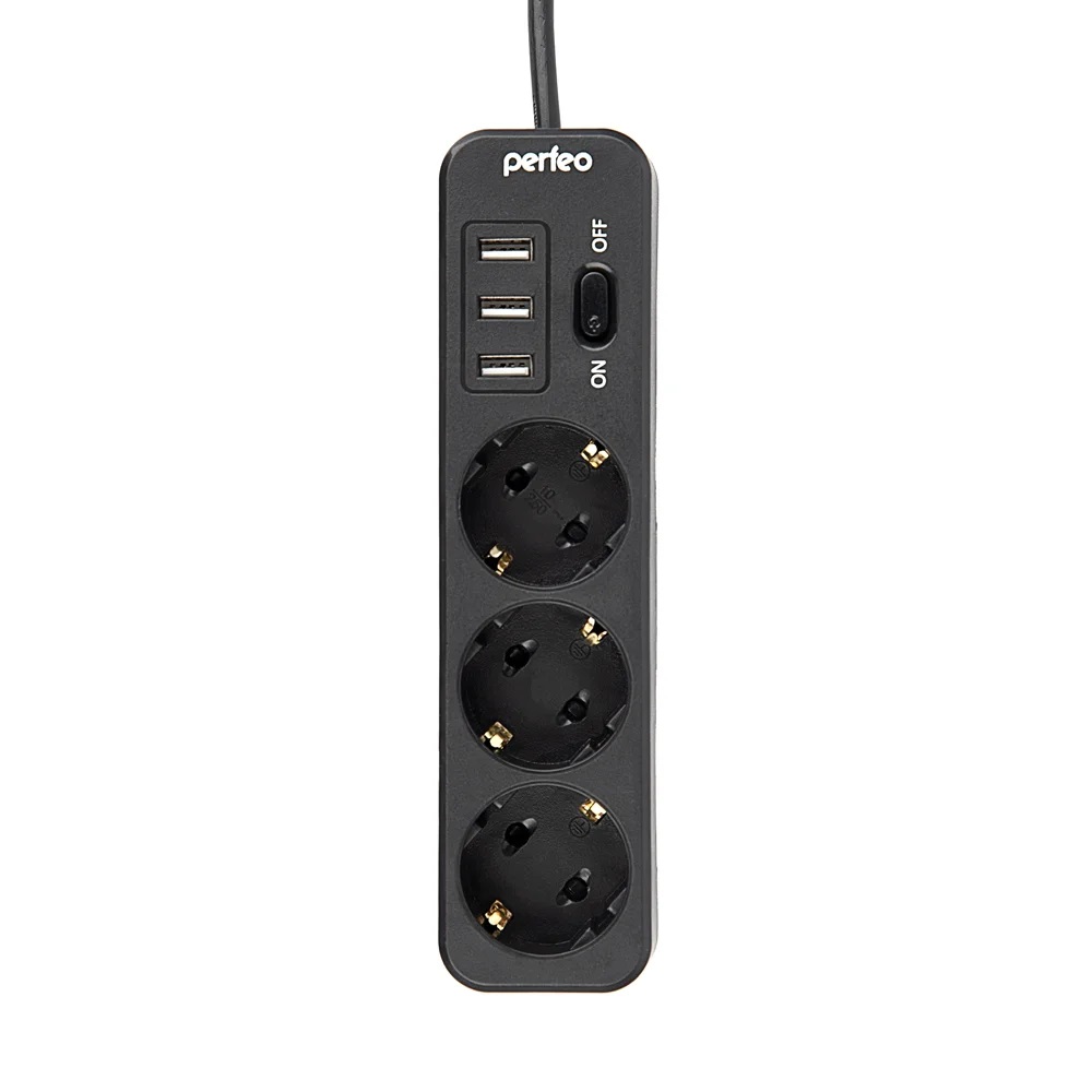 Perfeo сетевой фильтр "POWER STREAM", 3 розетки, 3 USB, 4 метра, черный