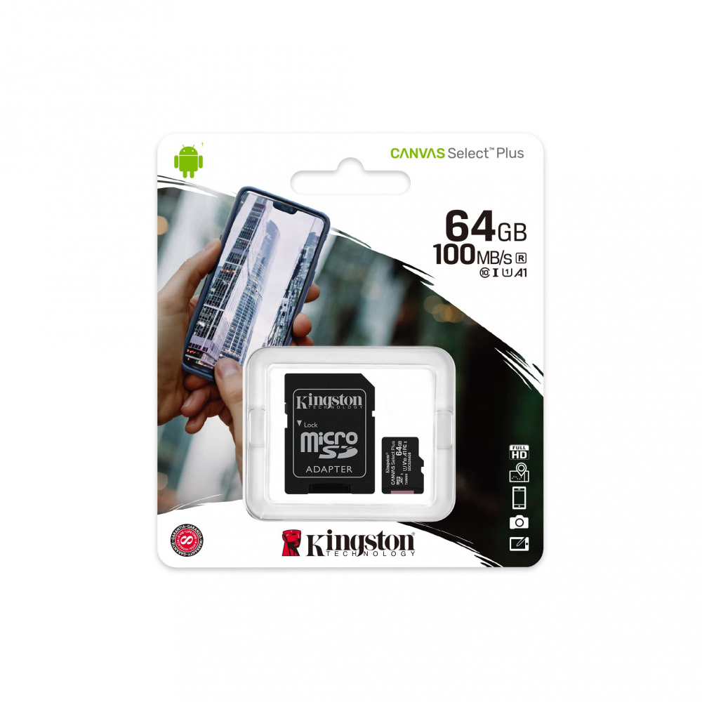 Kingston карта памяти MicroSDXC 64 Gb Class10, Canvas Select +, UHS-I, A1, V10, 100MB/s, с адаптером