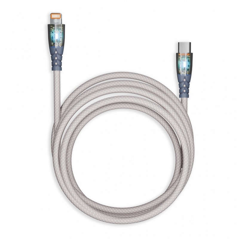 Smartbuy кабель Lightning - Type-C, 1 м, Transp, серый, нейлон, свет. наконечники