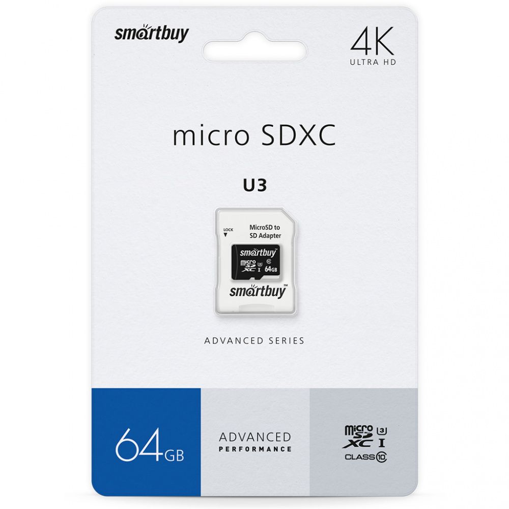 Smartbuy карта памяти MicroSDHC 64 Gb Class10, Advanced 90/55 MB/s, UHS-I, U3, с адаптером