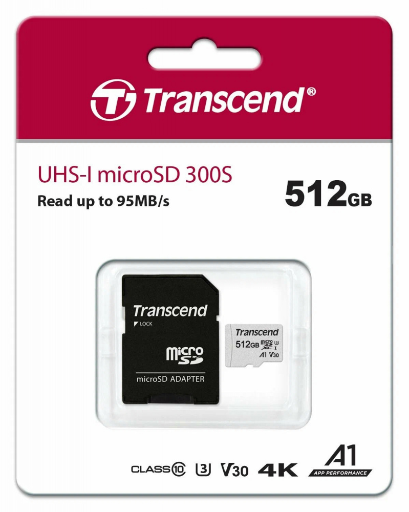 Transcend карта памяти MicroSDXC 512 Gb Class10, 300S, UHS-I, U3, A1, V30, 100MB/s, без адаптера