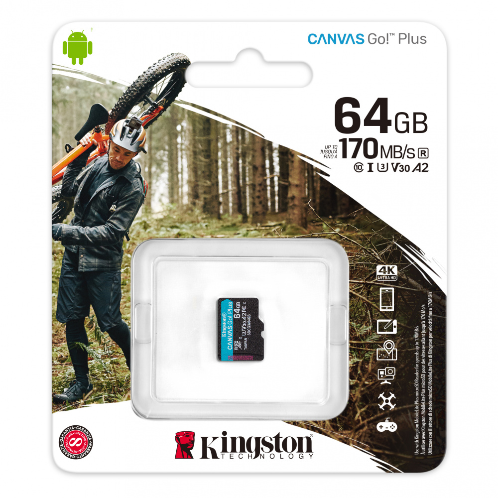 Kingston карта памяти MicroSDXC 64 Gb Class10, Canvas Go +, UHS-I, U3, A2, V30, 170MB/s, б/адаптера