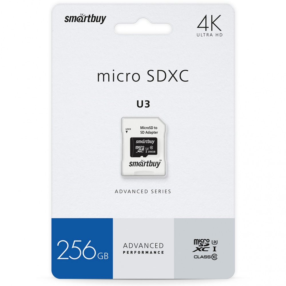 Smartbuy карта памяти MicroSDHC 256 Gb Class10, Advanced 90/55 MB/s, UHS-I, U3, с адаптером