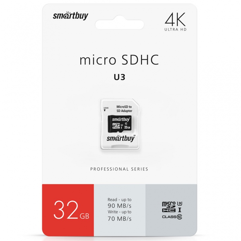 Smartbuy карта памяти MicroSDHC 32 Gb Class10, PRO 90/70 MB/s, UHS-I, U3, с адаптером