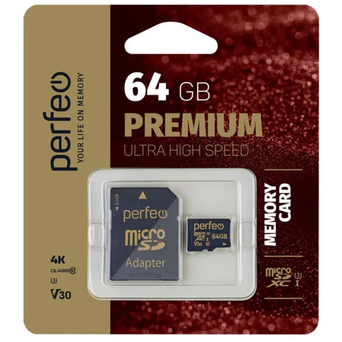 Perfeo карта памяти MicroSDHC 64 Gb Class10, UHS-I, U3, V30, с адаптером