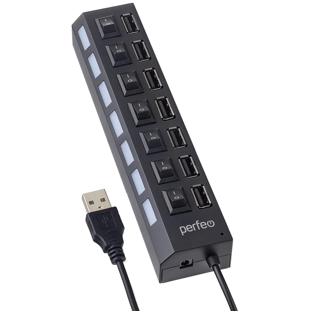 Perfeo USB-Хаб 2.0, 7 портов (PF-H033 black), с выключателями, черный