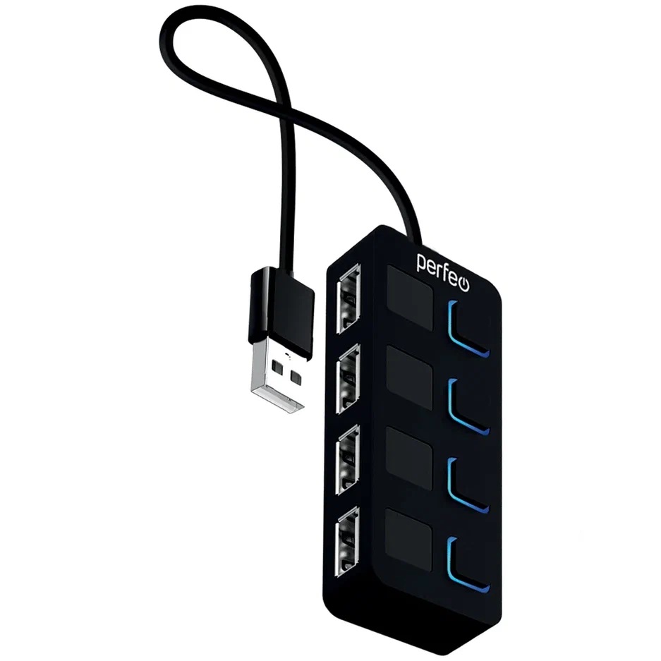 Perfeo USB-Хаб 2.0, 4 порта (PF-H044 black), черный