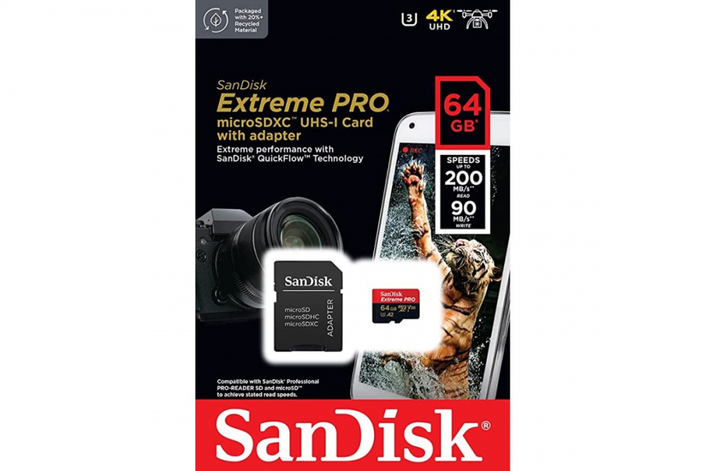 SanDisk карта памяти MicroSDXC 64 Gb Class10, Extreme PRO, UHS-I, U3, A2, V30, 200MB/s, с адаптером