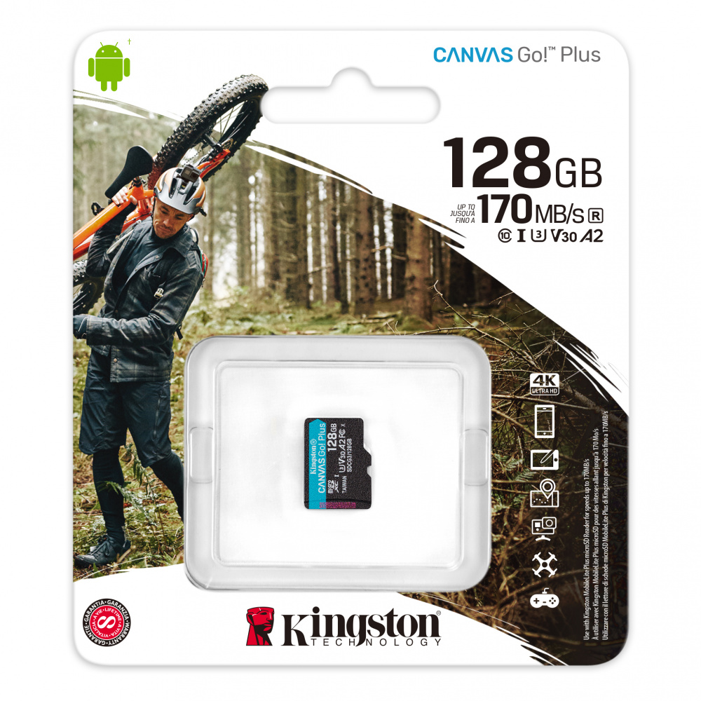Kingston карта памяти MicroSDXC 128 Gb Class10, Canvas Go, UHS-I, U3, A2, V30, 170MB/s, без адаптера