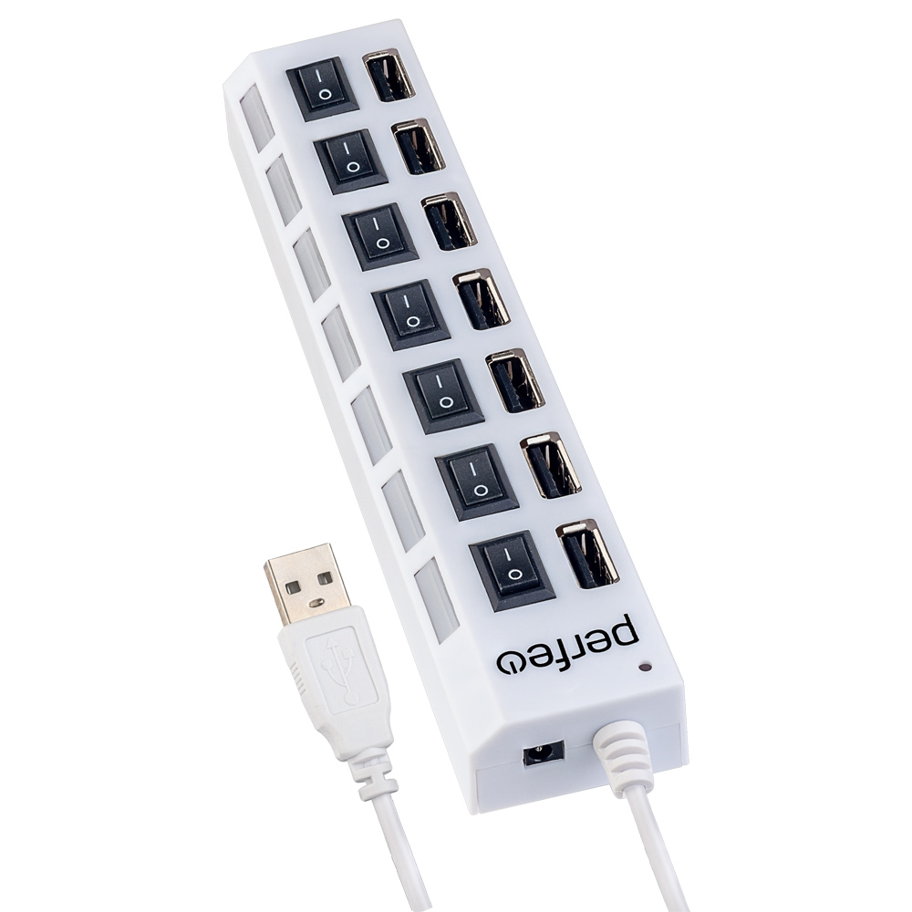 Perfeo USB-Хаб 2.0, 7 портов (PF-H033 white), с выключателями, белый