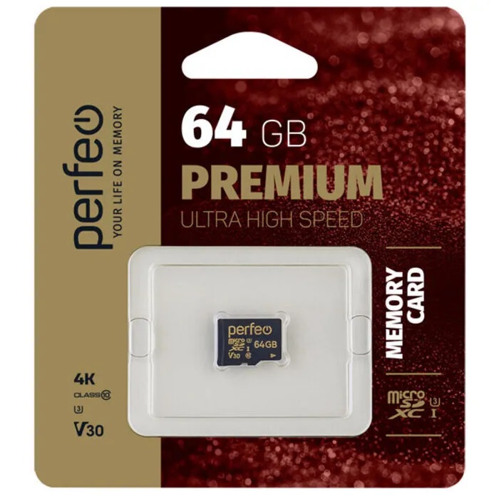 Perfeo карта памяти MicroSDHC 64 Gb Class10, UHS-I, U3, V30, без адаптера