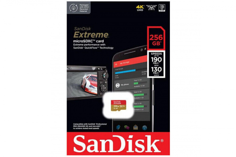 SanDisk карта памяти MicroSDXC 256 Gb Class10, Extreme, UHS-I, U3, A2, V30, 190MB/s, без адаптера