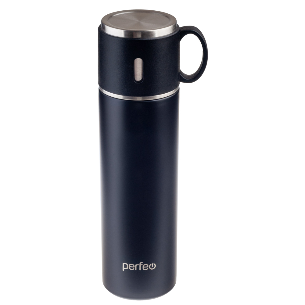 Perfeo термос для напитков с пробкой-кнопкой, крышкой-кружкой, объем 0,5 л., черный