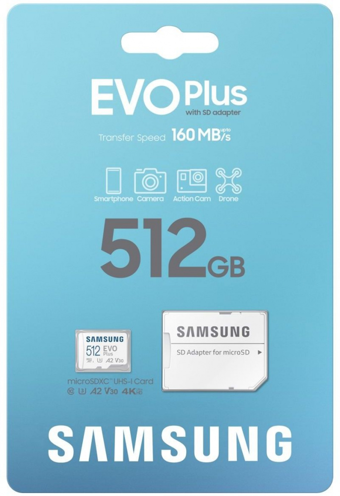 Samsung карта памяти MicroSDXC 512 Gb Class10, Evo Plus 160/90 MB/s, UHS-I, U3, A2, V30, с адаптером