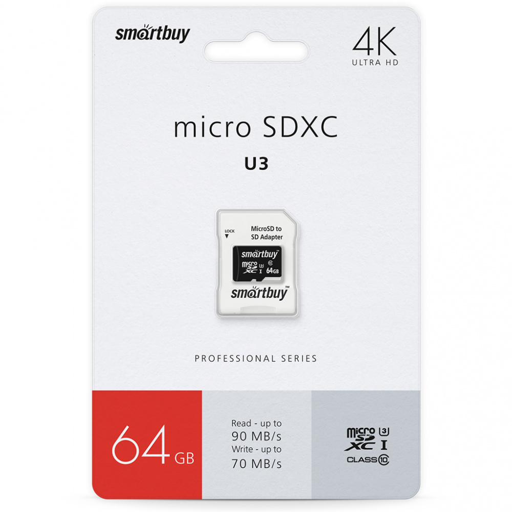 Smartbuy карта памяти MicroSDHC 64 Gb Class10, PRO 90/70 MB/s, UHS-I, U3, с адаптером
