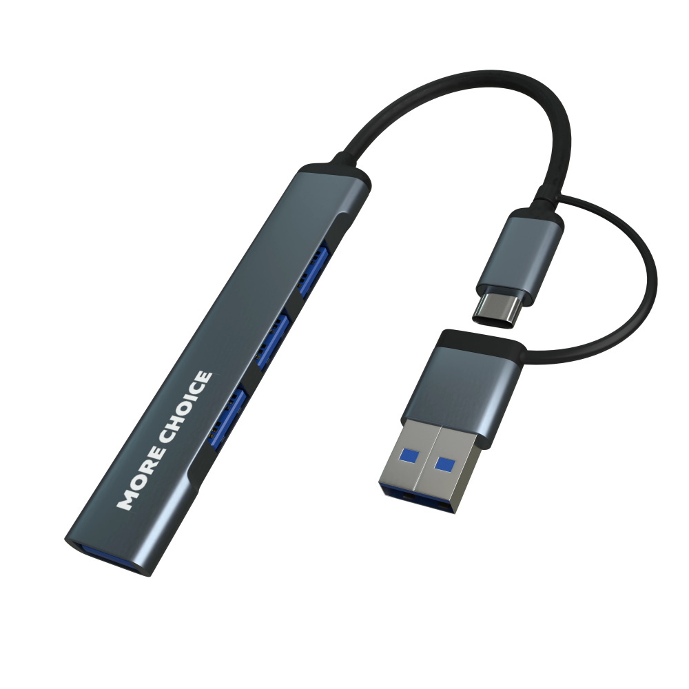 More Choice USB Хаб 1xUSB3.0 + 3xUSB2.0, Type-С/USB разъем, 0.1m, серый