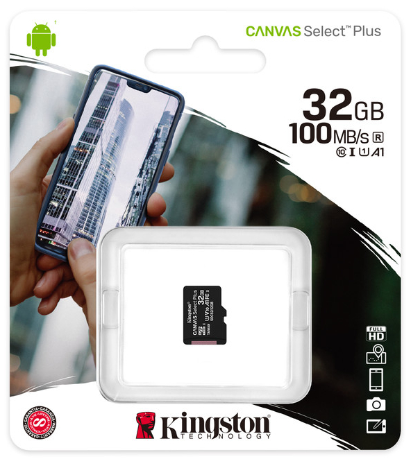 Kingston карта памяти MicroSDHC 32 Gb Class10, Canvas Select Plus, UHS-I, U1, A1, V10, без адаптера