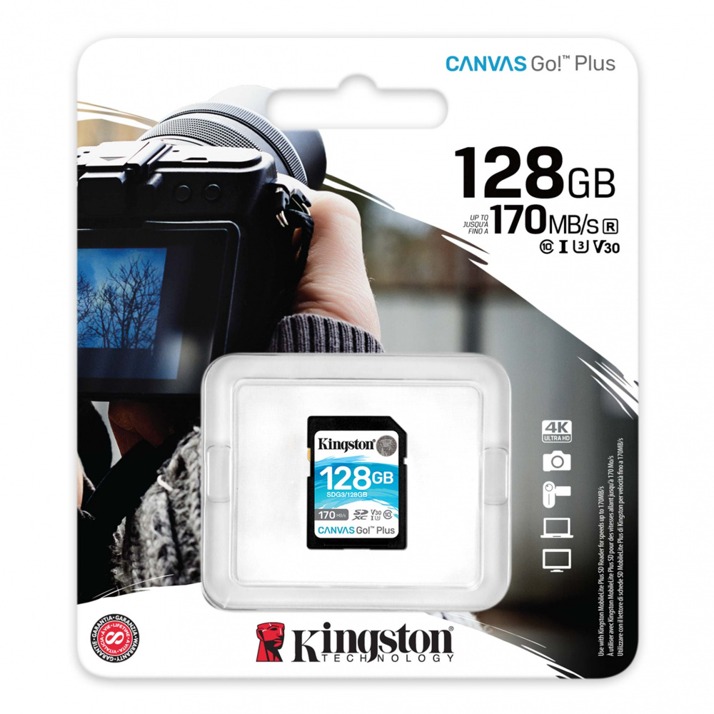 Kingston карта памяти SDXC 128 Gb Class10, Canvas Go +, UHS-I, U3, V30, 170/90 MB/s