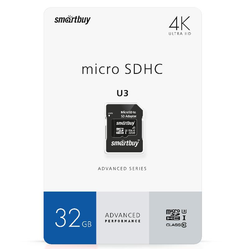 Карта памяти MicroSD 32 Gb SmartBuy U3 V30 A1 Advanced R/W up to 90/55 с адаптером