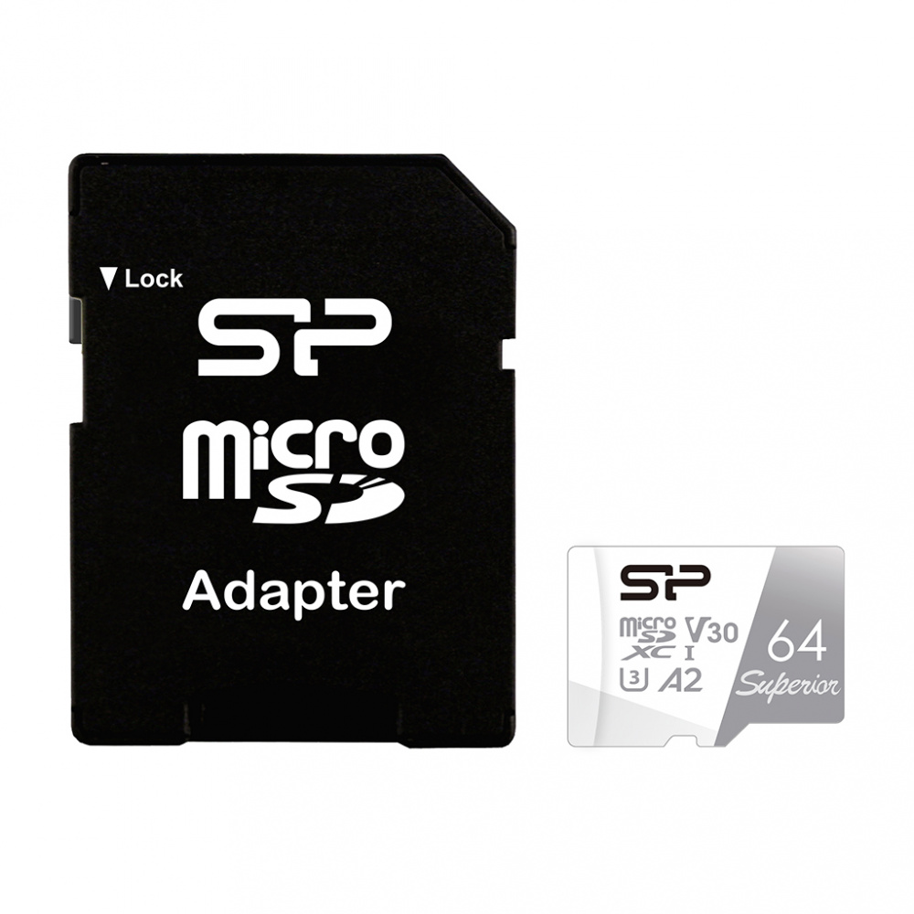Silicon Power карта памяти MicroSDXC 64 Gb Class10, Superior, UHS-I, U3, A2, V30, c адаптером