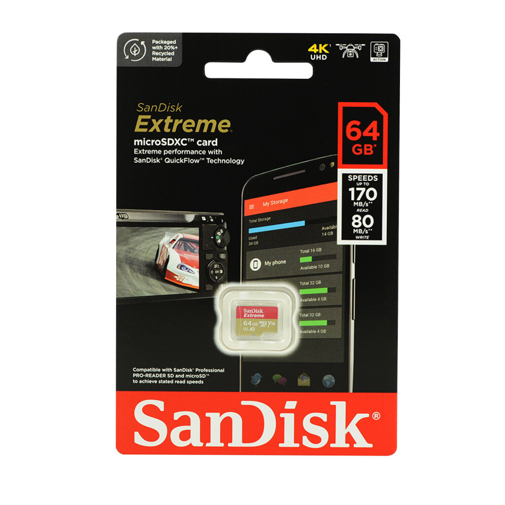 Sandisk карта памяти MicroSDXC 64 Gb Class10, Extreme, UHS-I, U3, A2, V30, 170MB/s, без адаптера