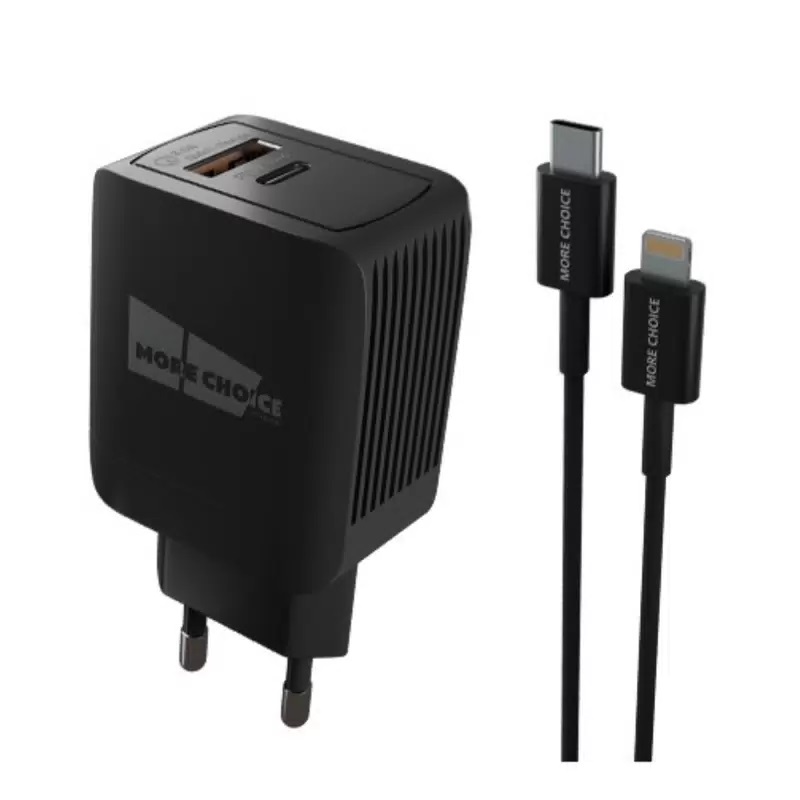 More choice сетевое зарядное устройство NC71Sia, 1 PD 20W, 1 USB QC3.0, черное,+кабель Lightning/PD