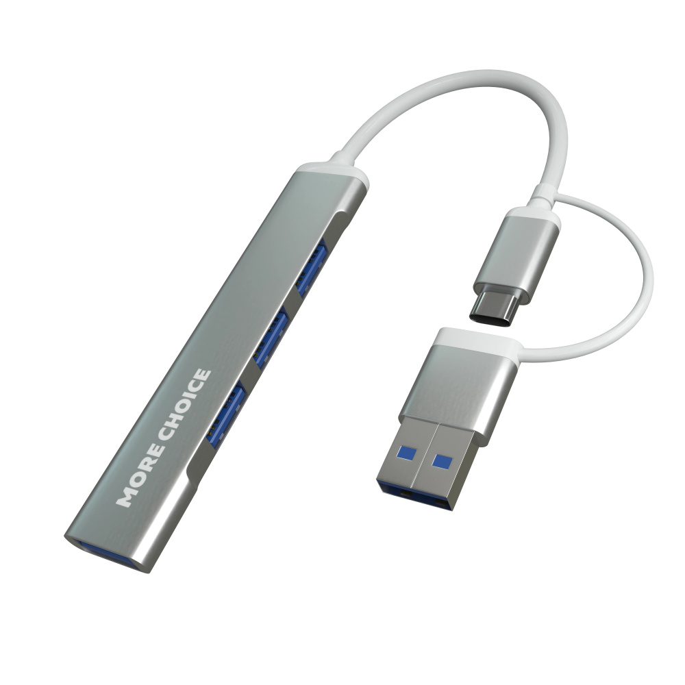 More Choice USB Хаб 1xUSB3.0 + 3xUSB2.0, Type-С/USB разъем, 0.1m, серебристый