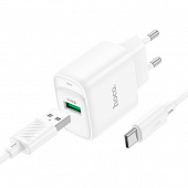 Hoco сетевое зарядное устройство C140A, 1 USB, QC 3.0, кабель Type-C, белое